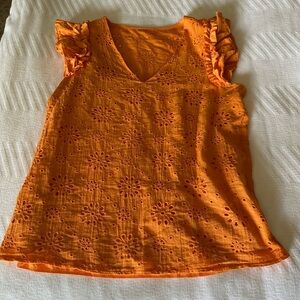 Orange Ruffle Sleeve Eyelet Top